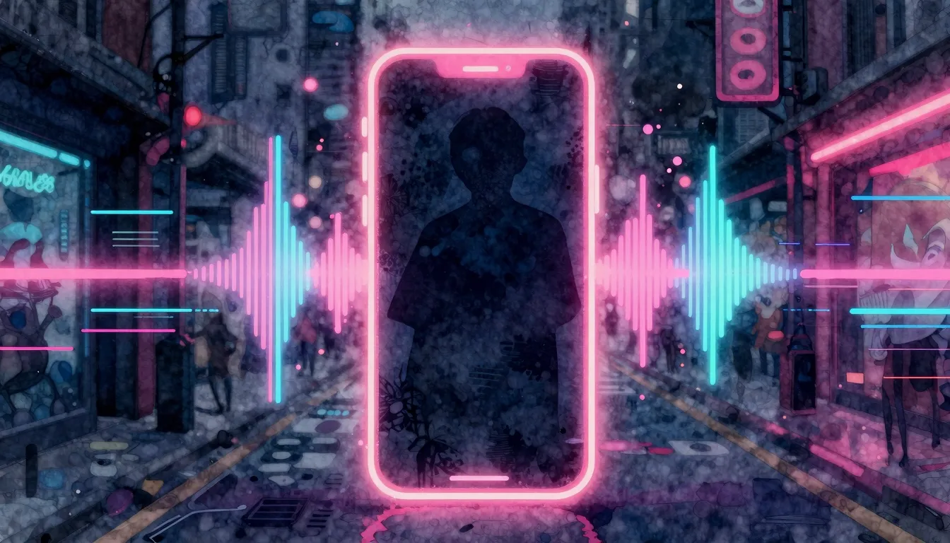 Watercolor style. Neon glowing smartphone silhouette on a da...