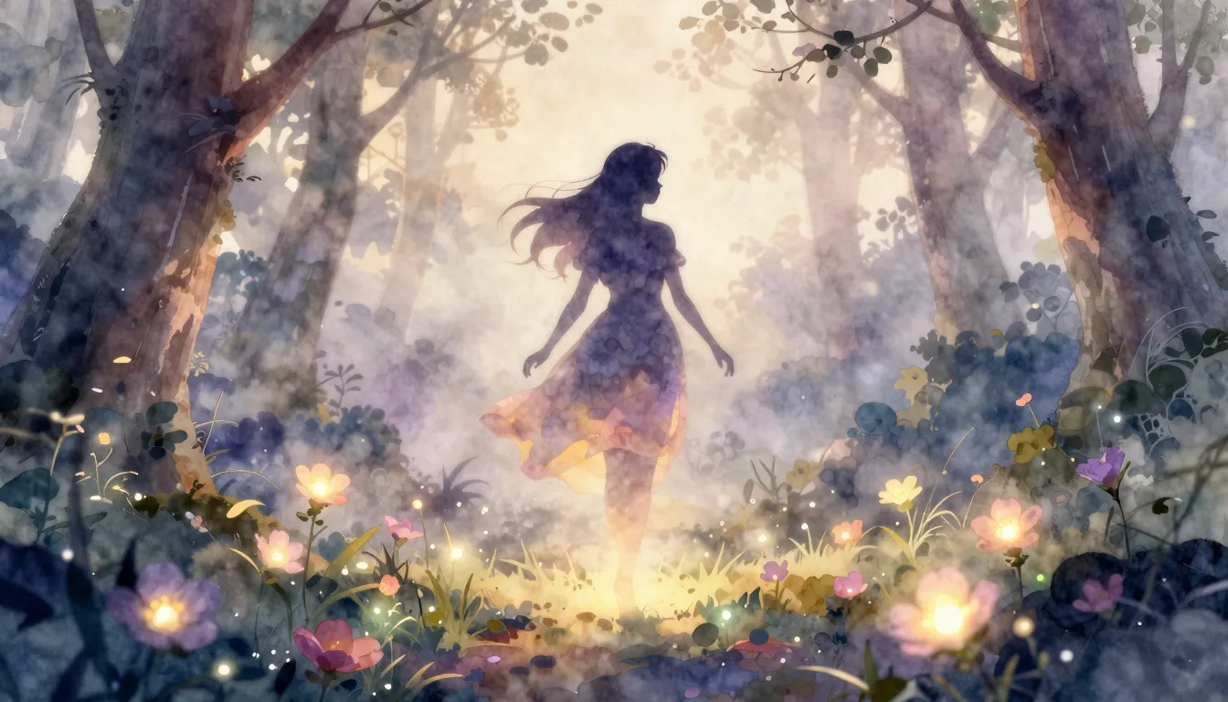 Watercolor style. Silhouette of a glowing magical spirit gli...