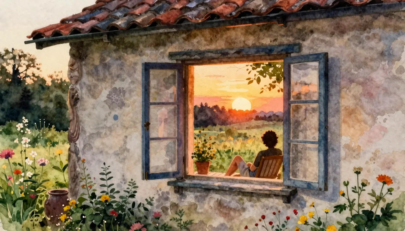 Vibrant watercolor style. A cozy summer evening at a rustic ...