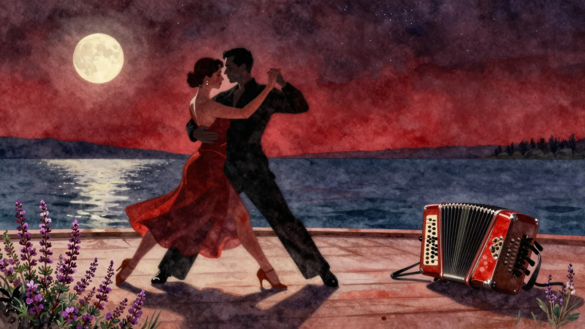 Vibrant watercolor style. A dramatic tango-style silhouette ...