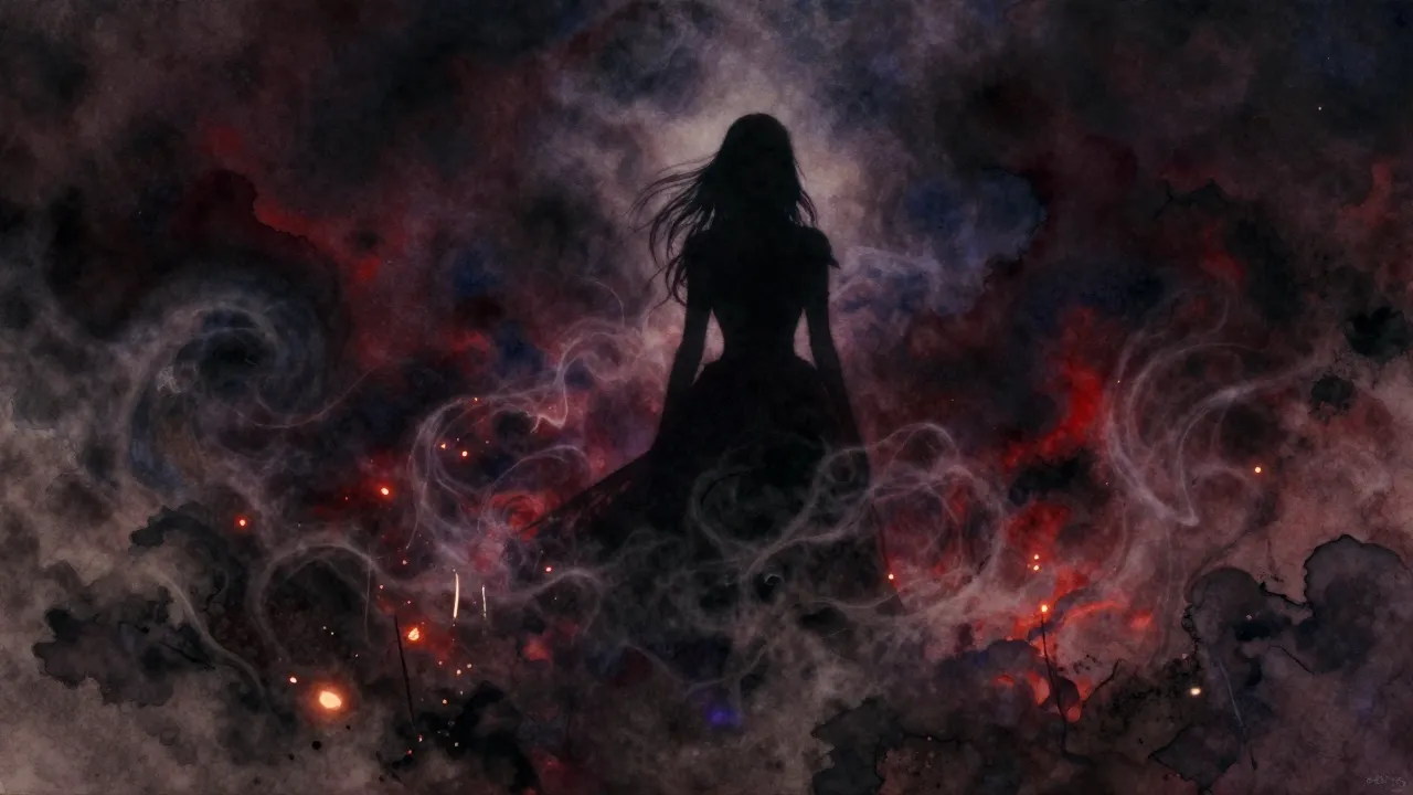 Vibrant watercolor style. A dark, dramatic operatic atmosphe...