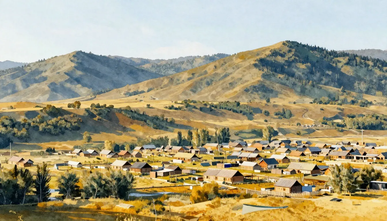 Watercolor style. A peaceful village landscape in a valley, ...