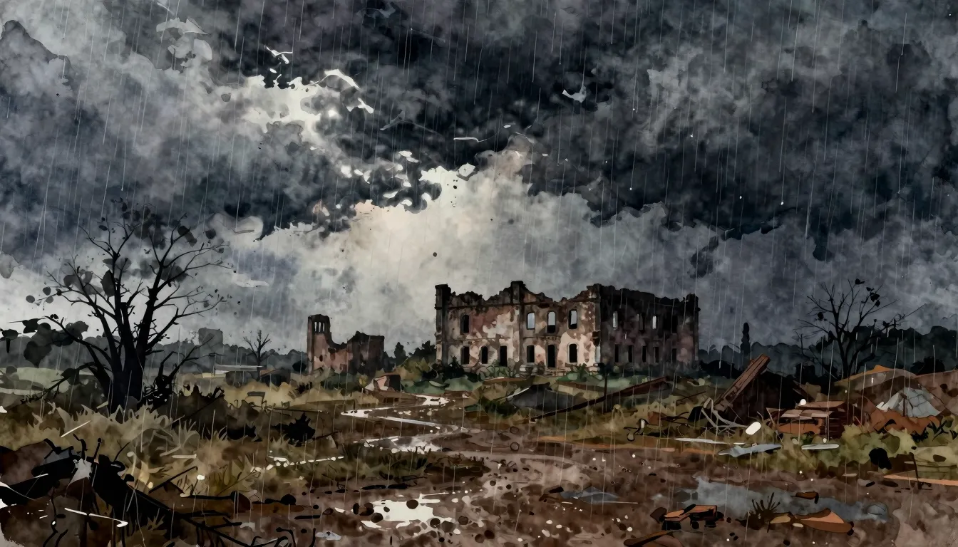 Watercolor style. Dark stormy landscape with ruined building...