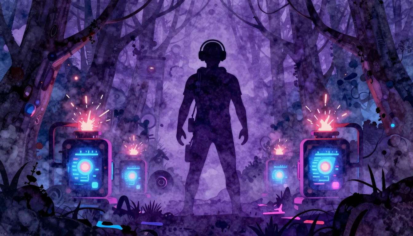 Vibrant watercolor style. Neon silhouette of a gamer in a da...