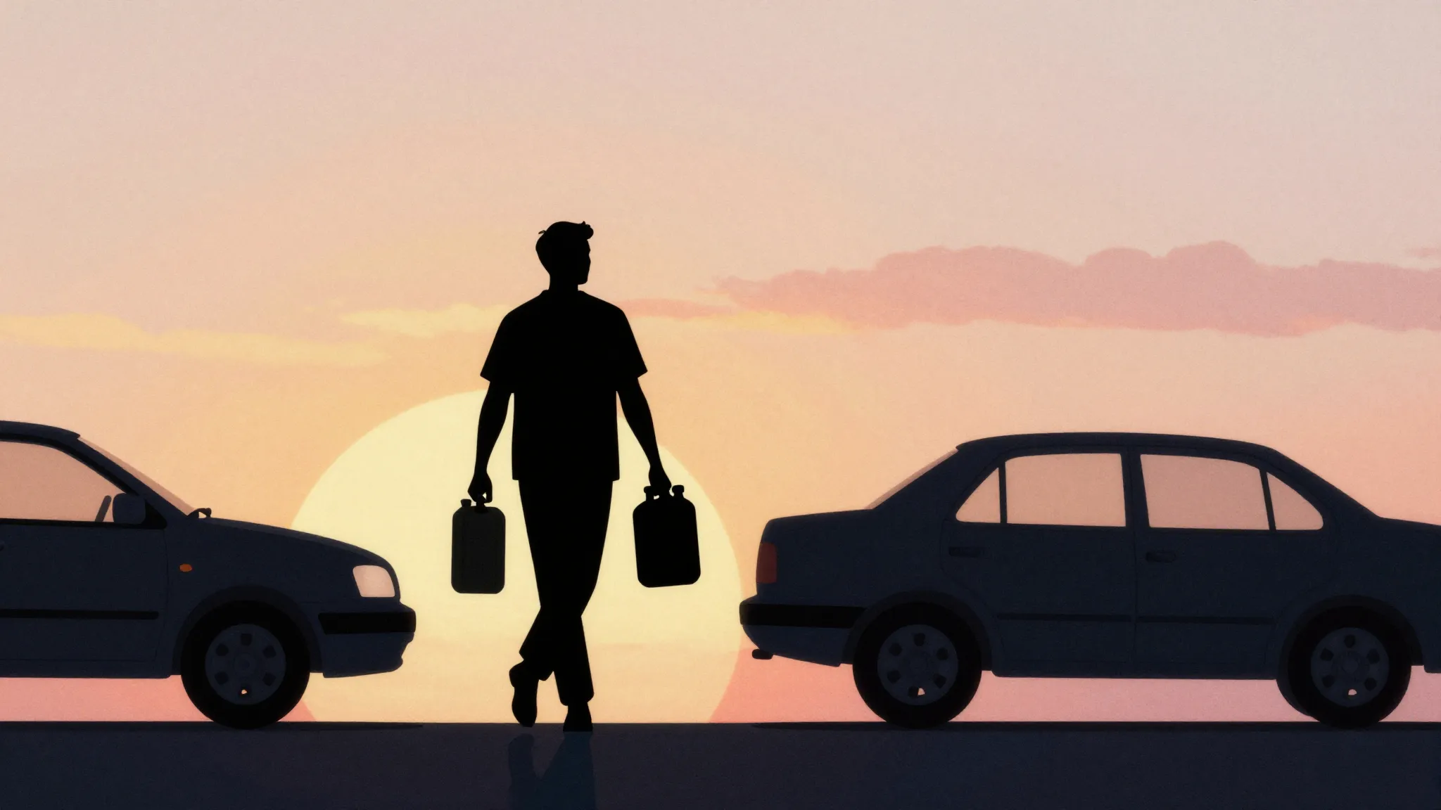 Watercolor style. A silhouette of a man walking away from a ...