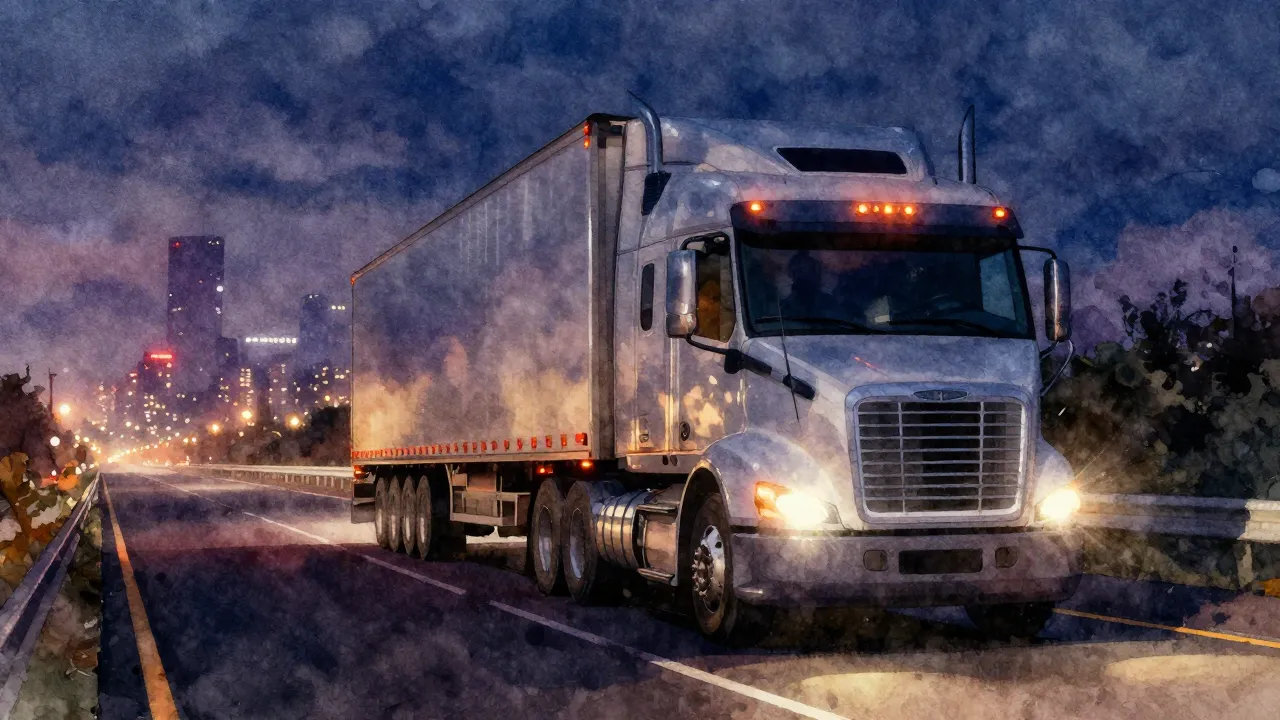 Vibrant watercolor style. A powerful semi-truck driving on a...