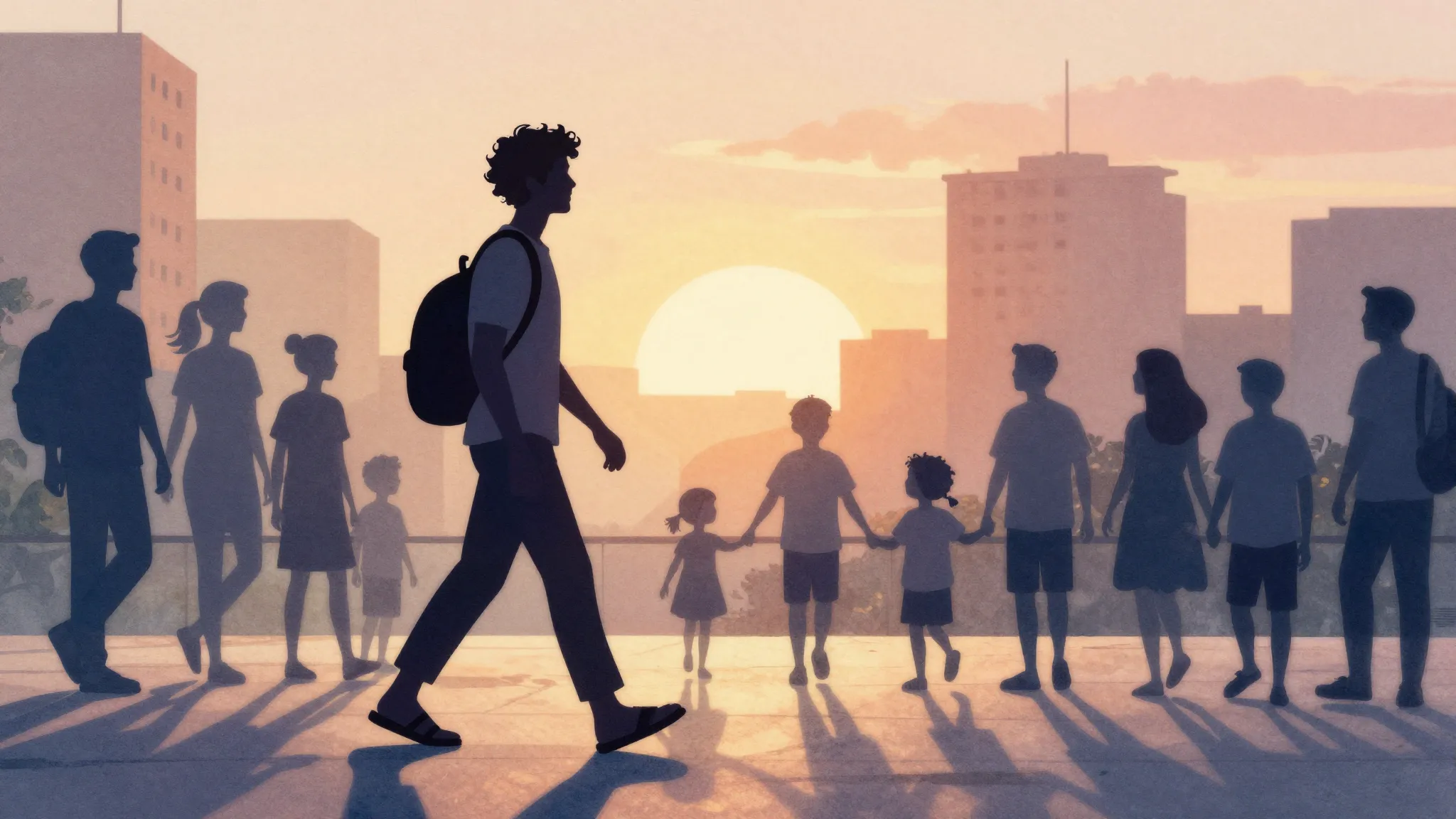 Watercolor style. Silhouette of a curly man in sandals walki...