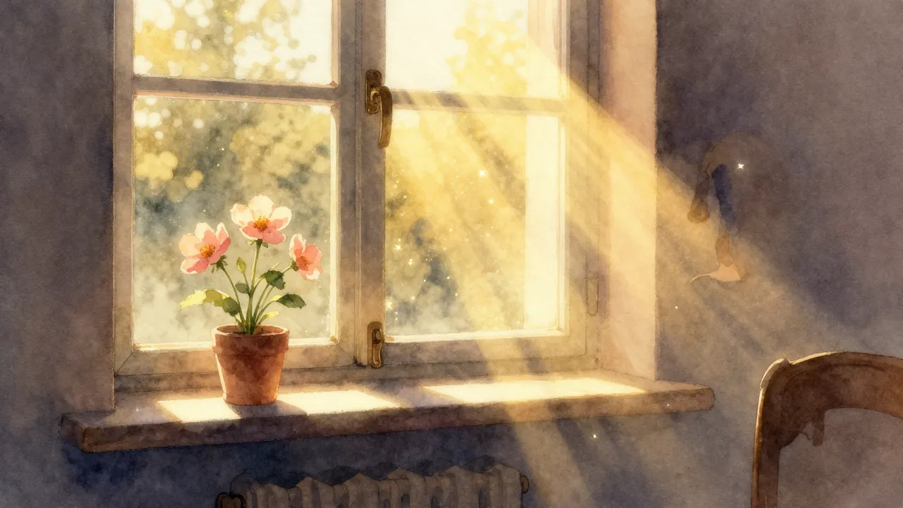 Watercolor style. A cozy room interior bathed in warm mornin...
