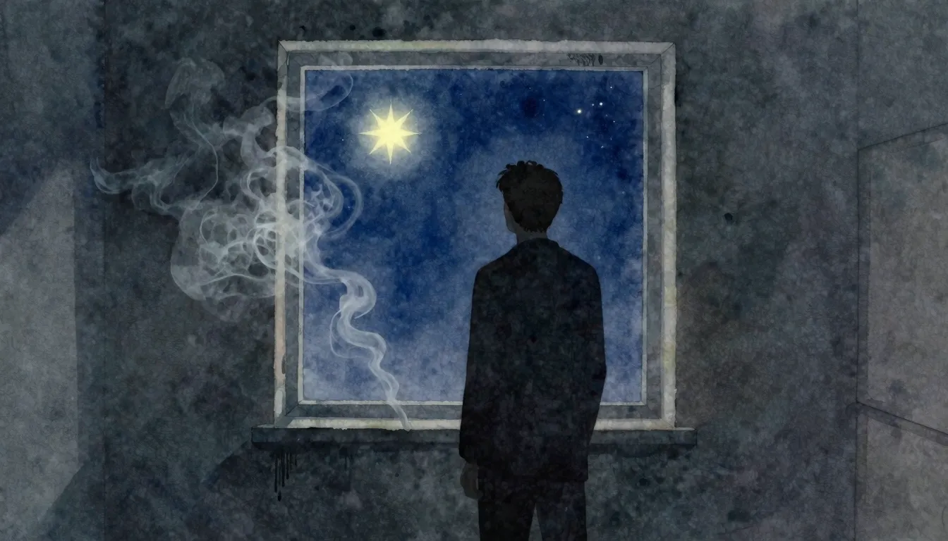 Vibrant watercolor style. A dark silhouette of a man standin...