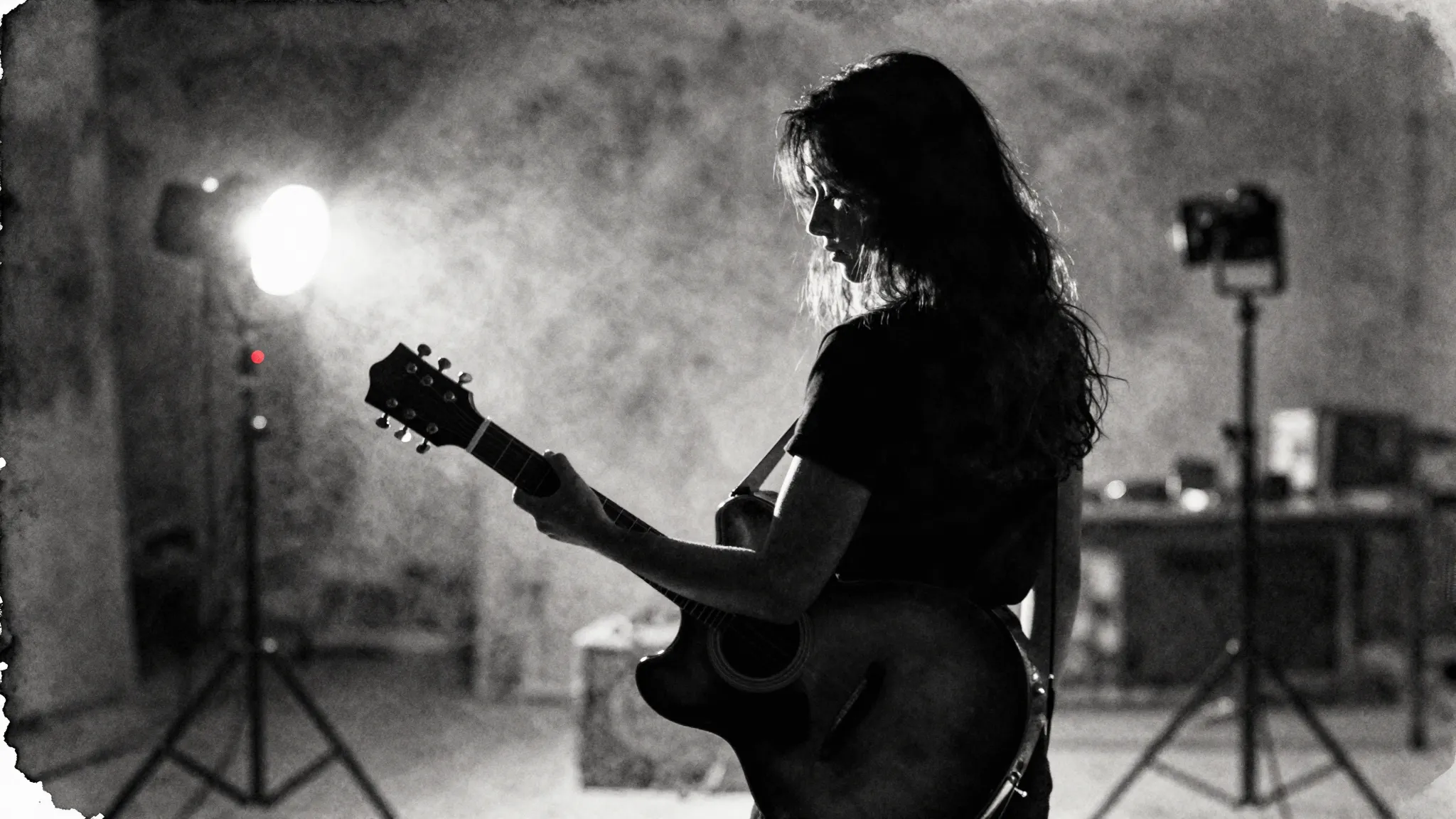 Watercolor style. Silhouette of a girl with a guitar in a da...
