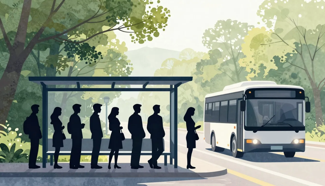 Watercolor style. Silhouette of a crowd waiting at a bus sto...