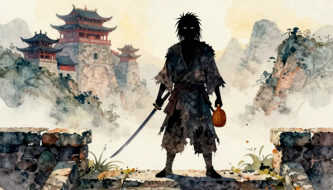 Vibrant watercolor style. A silhouette of a disheveled wande...