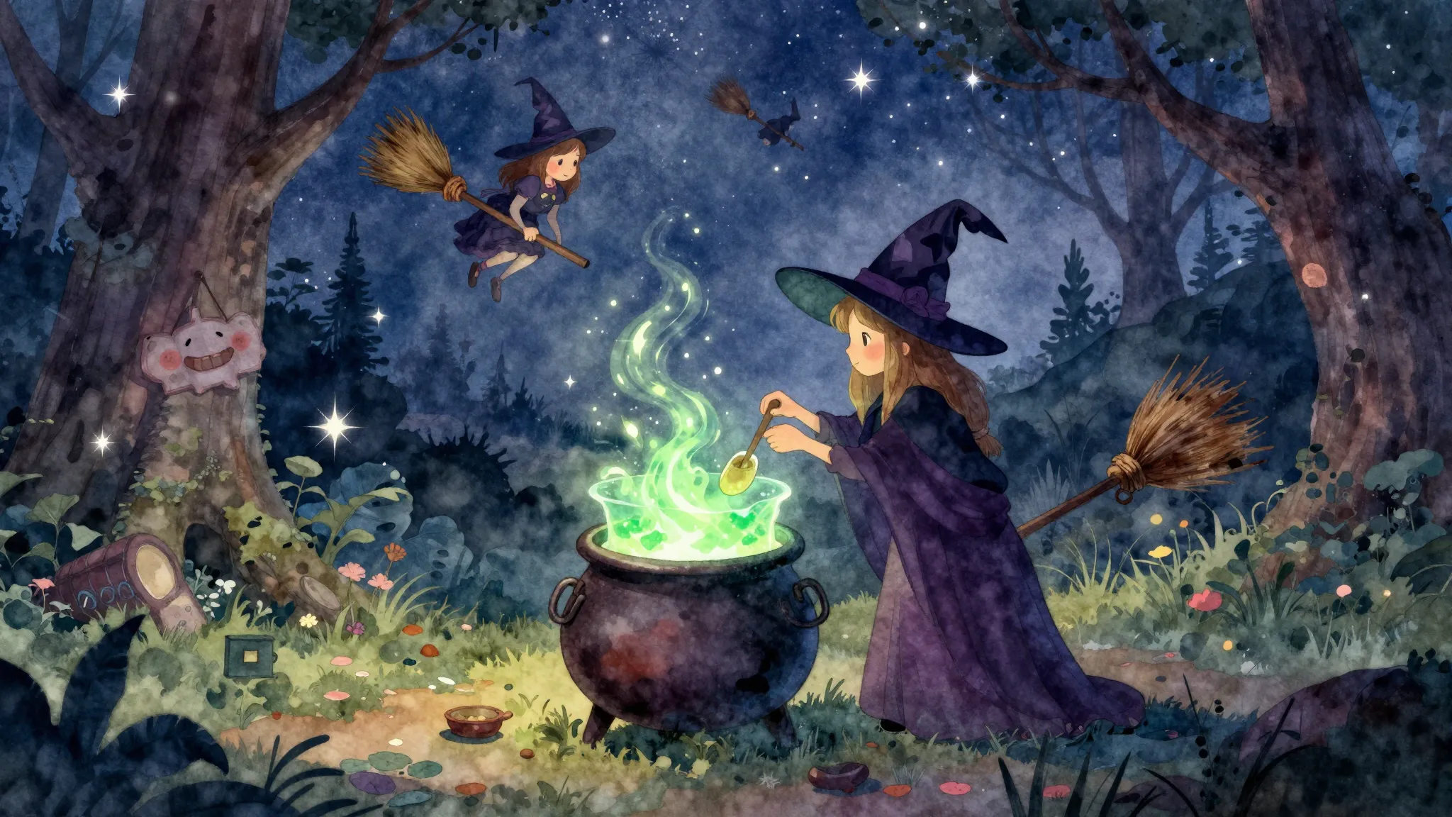 Vibrant watercolor style. A whimsical witch-themed birthday ...