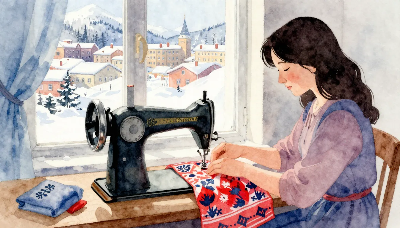 Watercolor style. A sewing machine with colorful fabrics, fo...