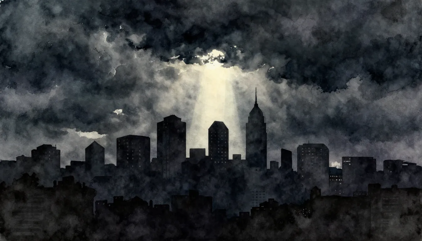 Watercolor style. A dark silhouette of a city skyline under ...