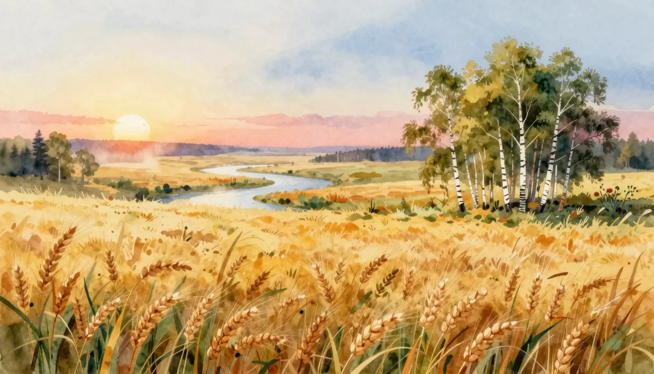 Vibrant watercolor style. A serene landscape of vast Russian...