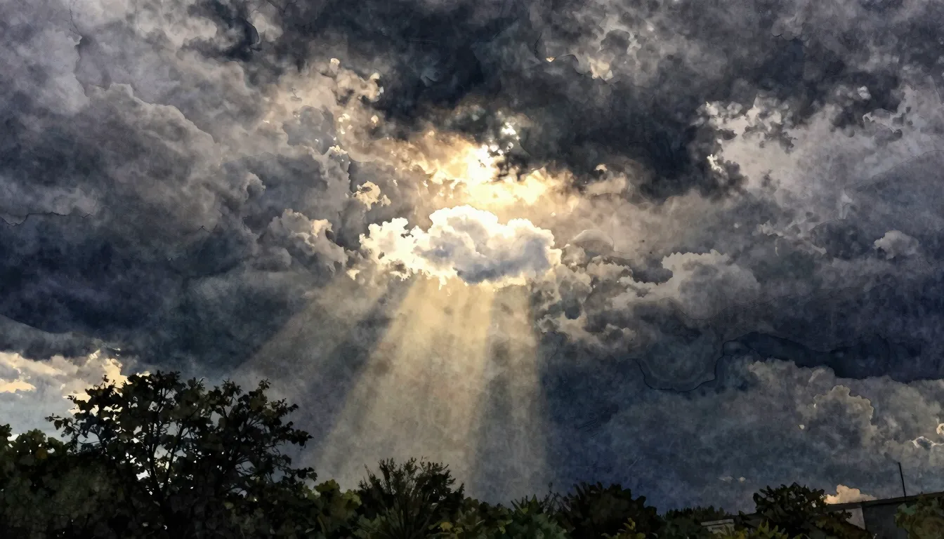 Watercolor style. A dark stormy sky with heavy leaden clouds...