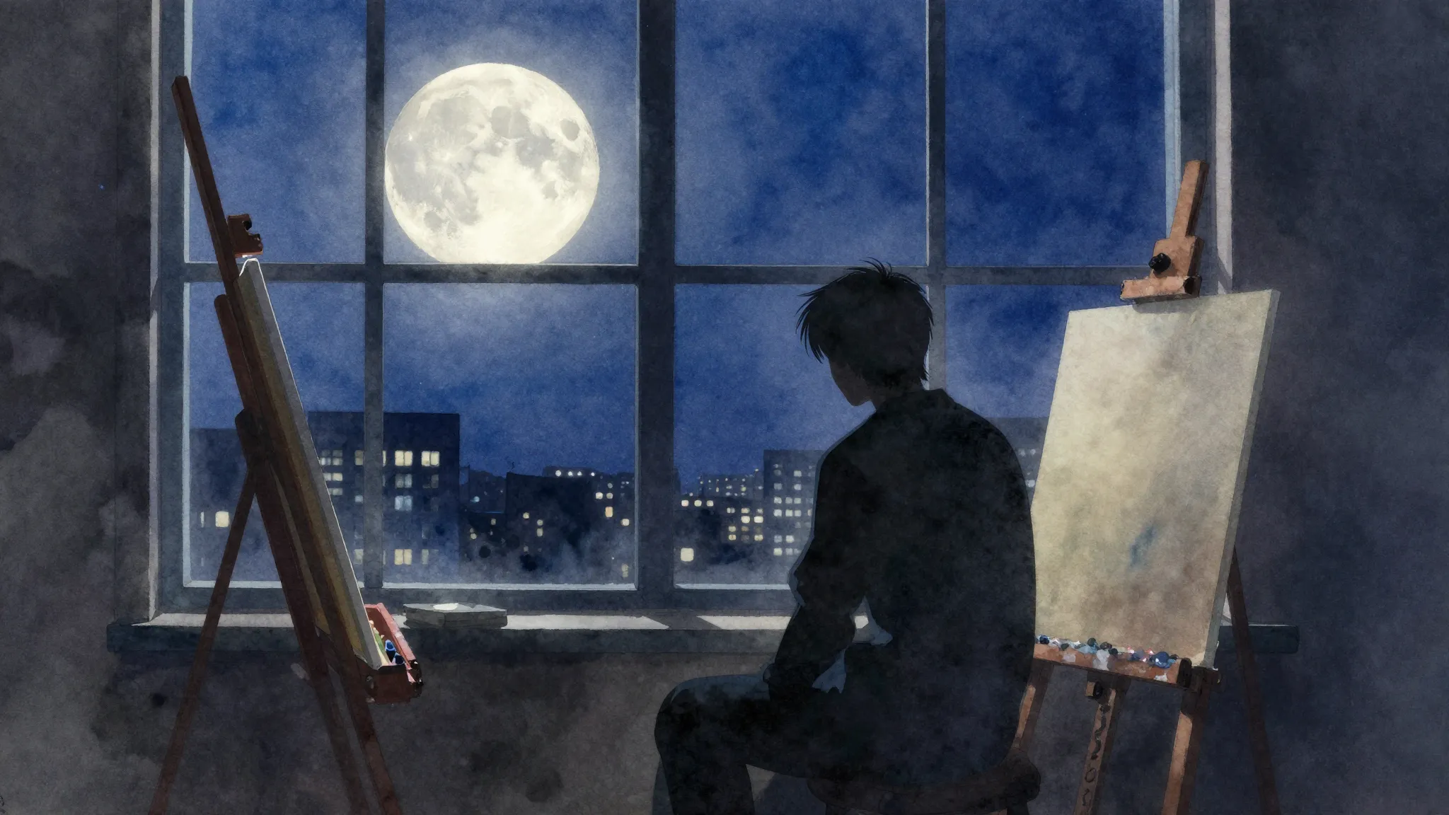 Vibrant watercolor style. A silhouette of a lonely artist si...