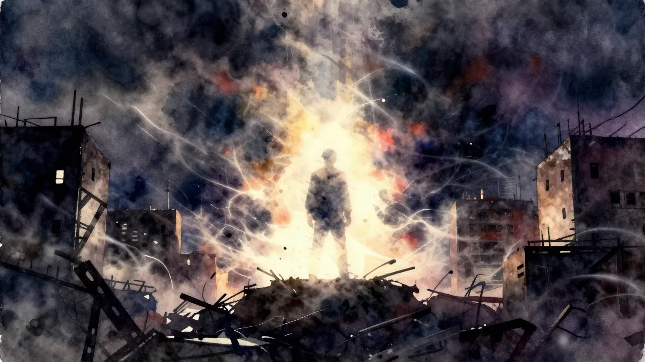 Vibrant watercolor style. A gritty, cinematic rock album cov...