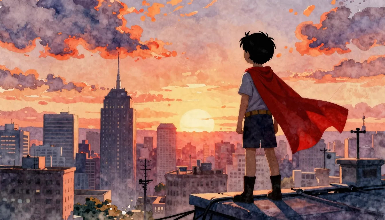 Watercolor style. Silhouette of a child wearing a superhero ...