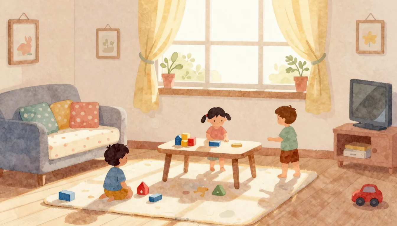 Watercolor style. A cozy room with toys, building blocks, a ...