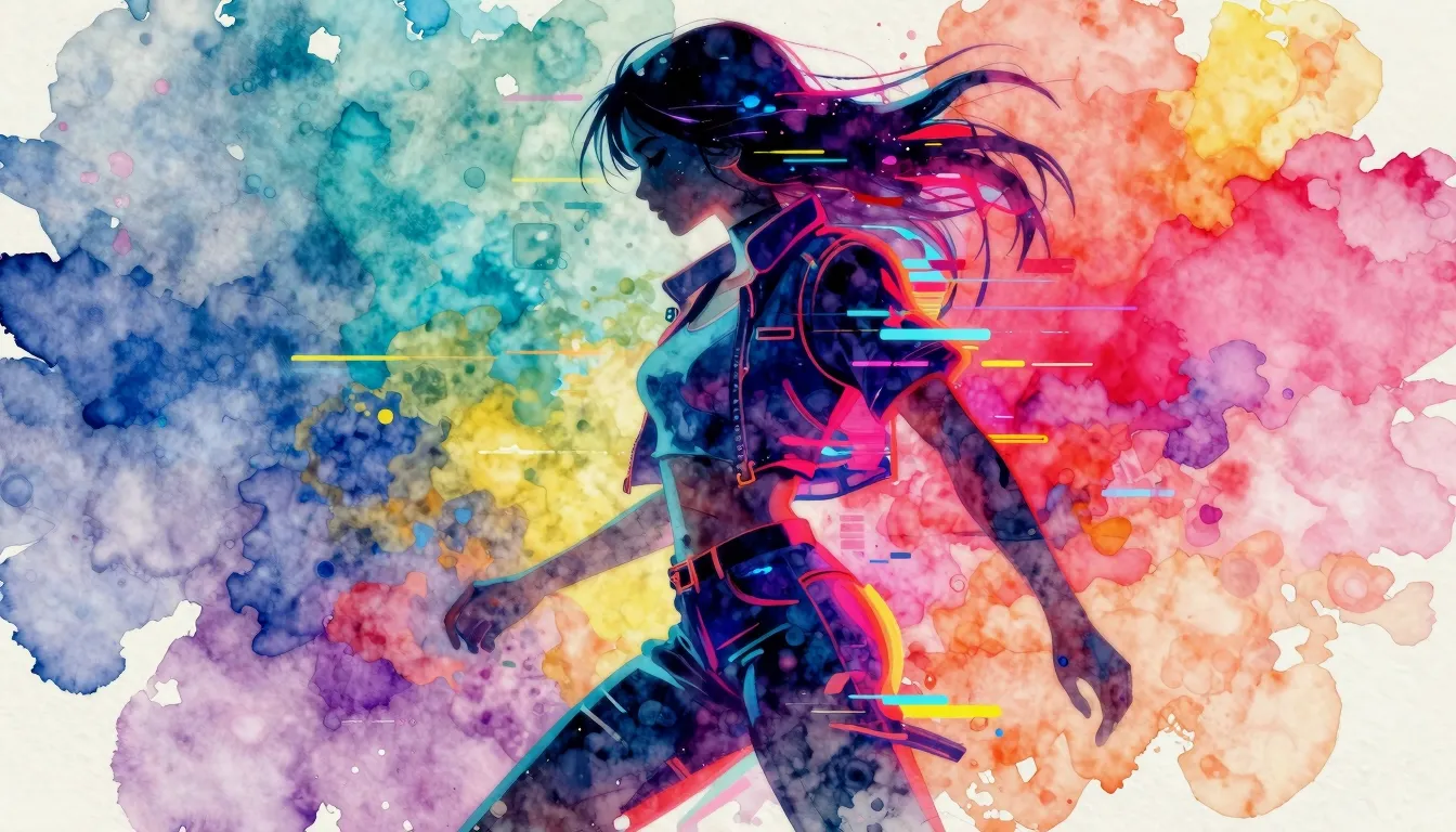 Vibrant watercolor style. Cyberpunk aesthetic, abstract silh...