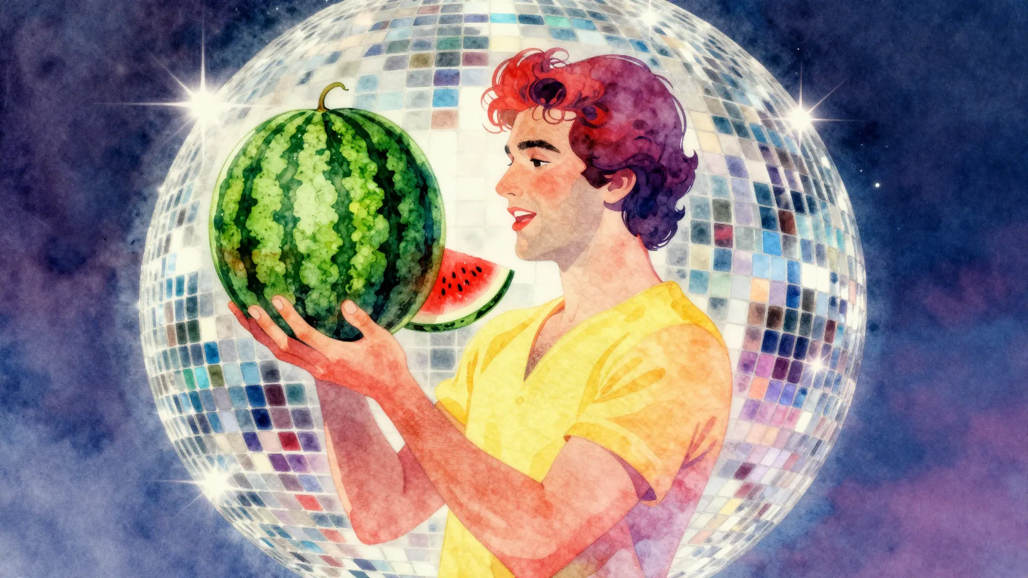 Vibrant watercolor style. 1970s disco aesthetic, vibrant neo...