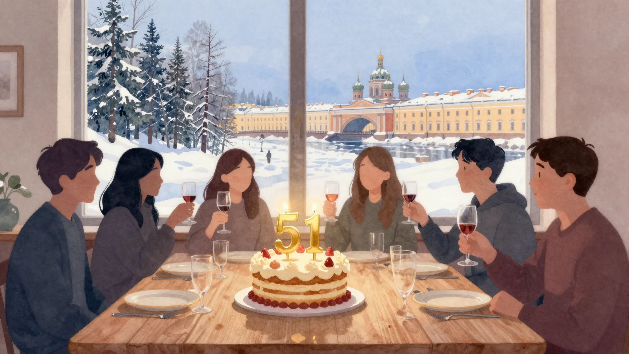 Watercolor style. A cozy table with a birthday cake showing ...