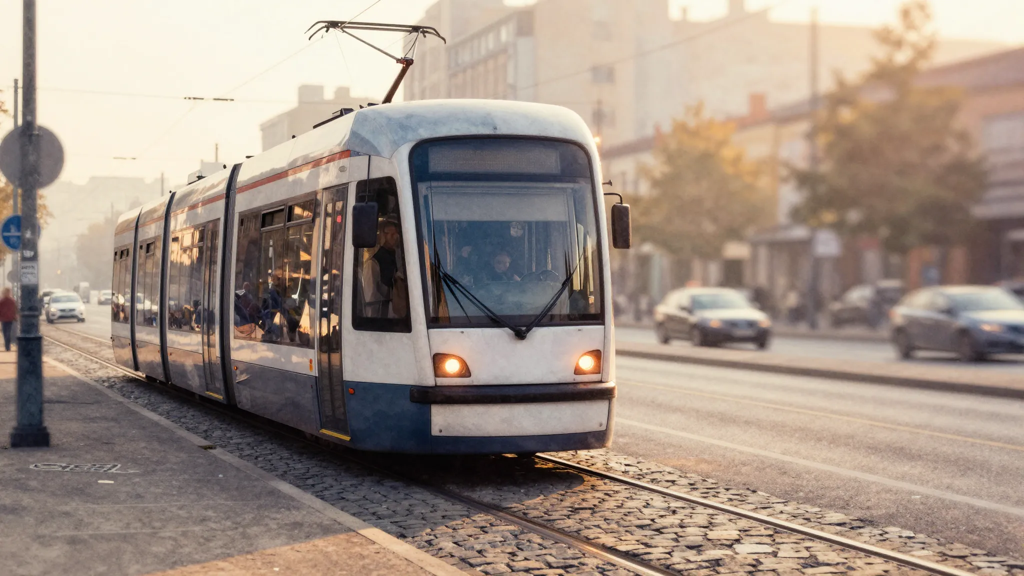 Watercolor style. A modern tram moving along a cobblestone s...