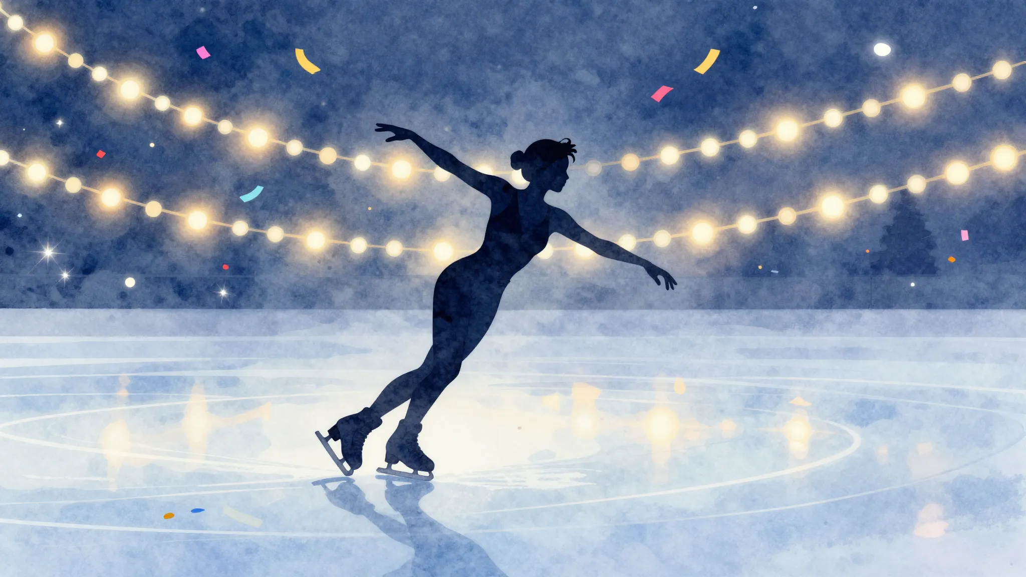 Watercolor style. Silhouette of a figure skater gliding on i...