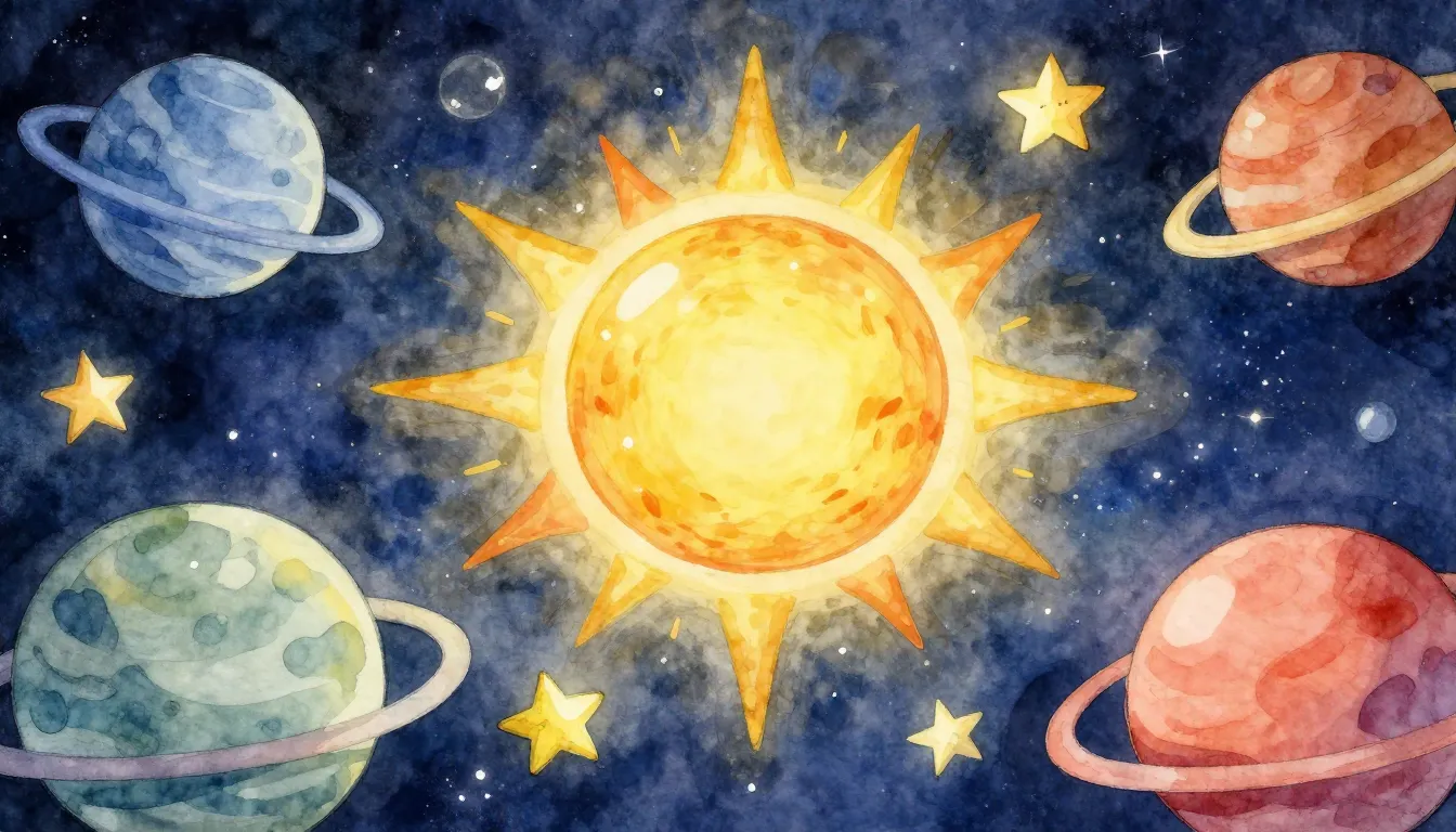 Watercolor style. A bright glowing sun in space surrounded b...