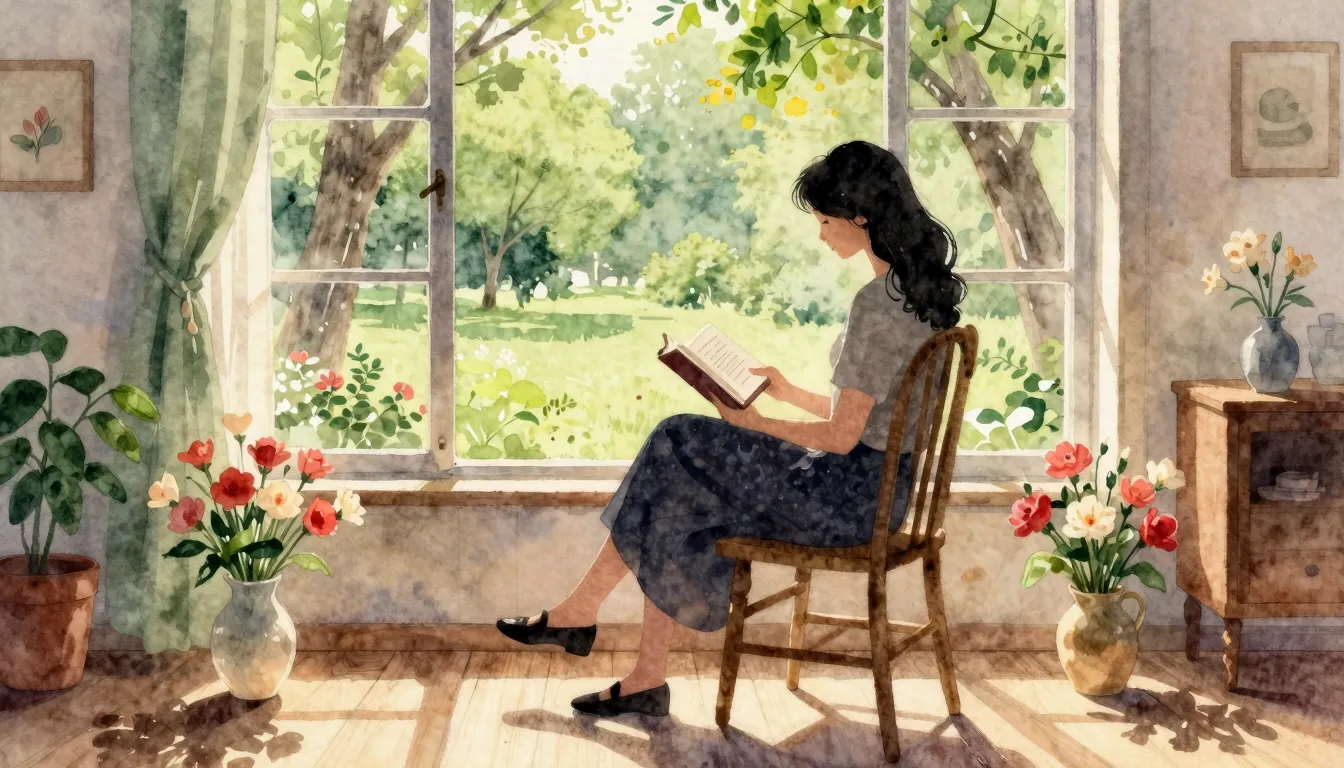 Watercolor style. A cozy room with a large window looking at...