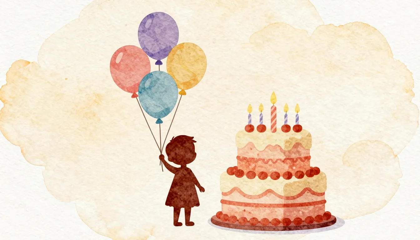 Watercolor style. A silhouette of a little child holding 5 b...