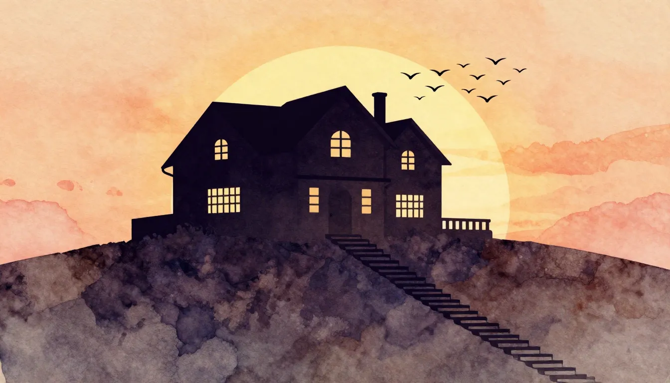 Watercolor style. A large house silhouette on a hill, barred...