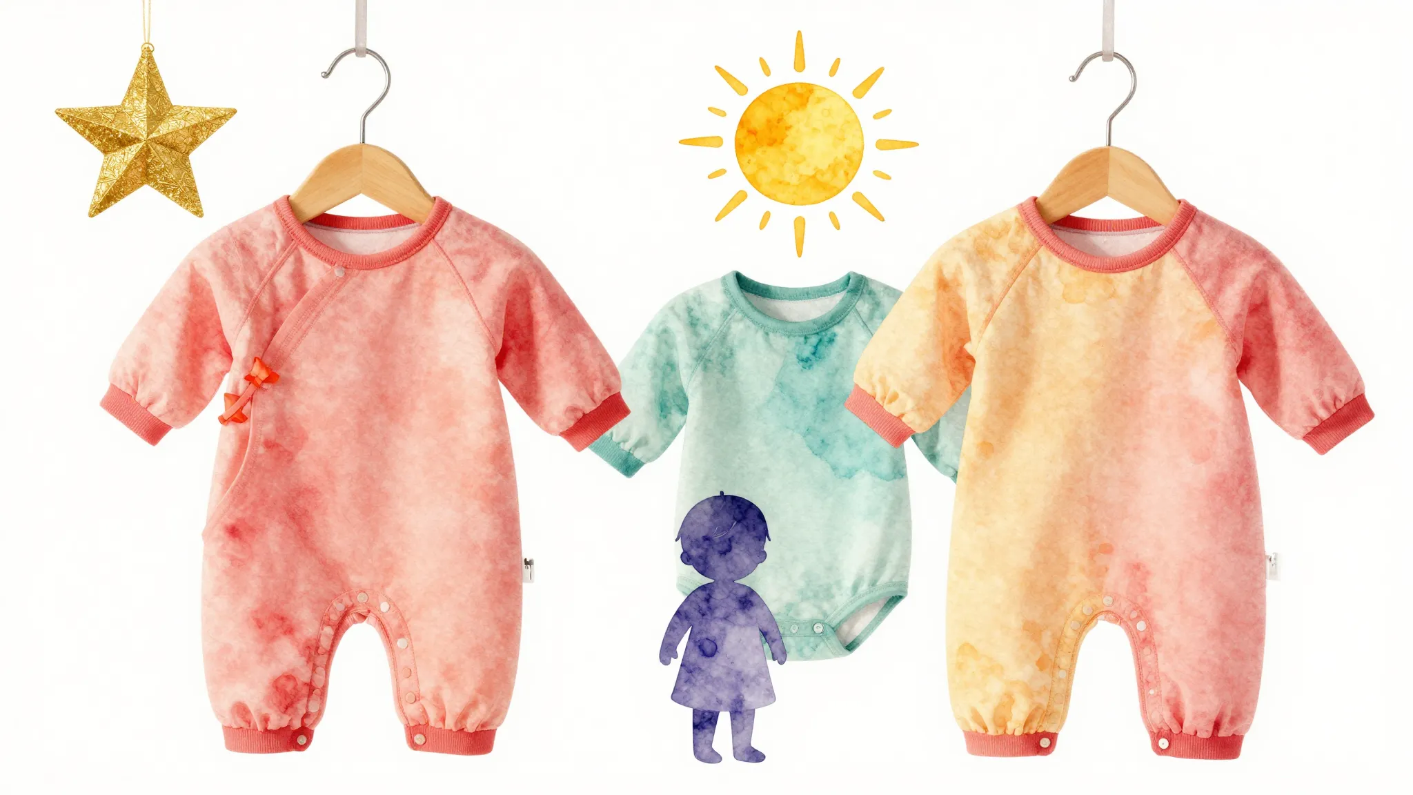 Vibrant watercolor style. Stylish baby clothes on a hanger, ...