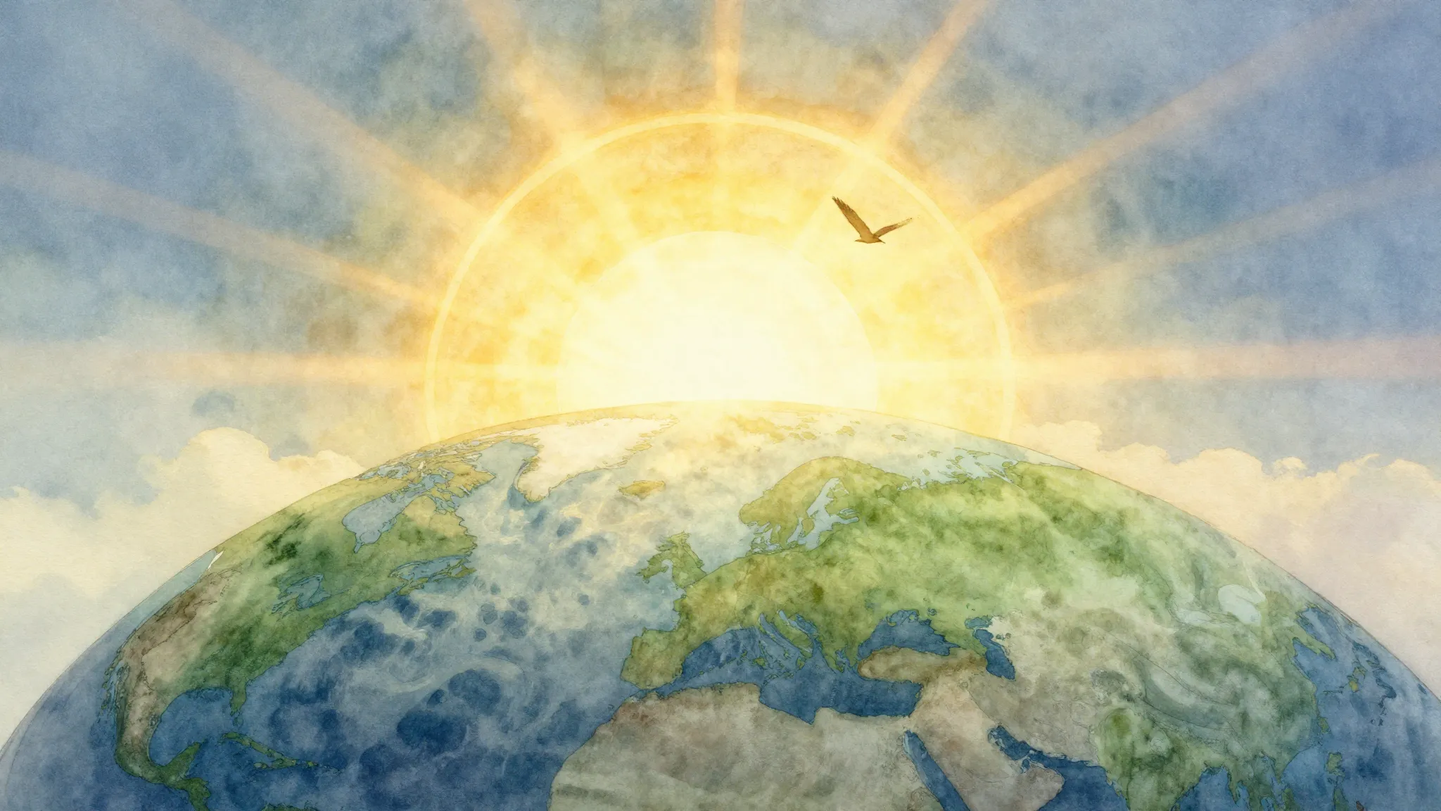 Watercolor style. A bright golden sun rising over a peaceful...