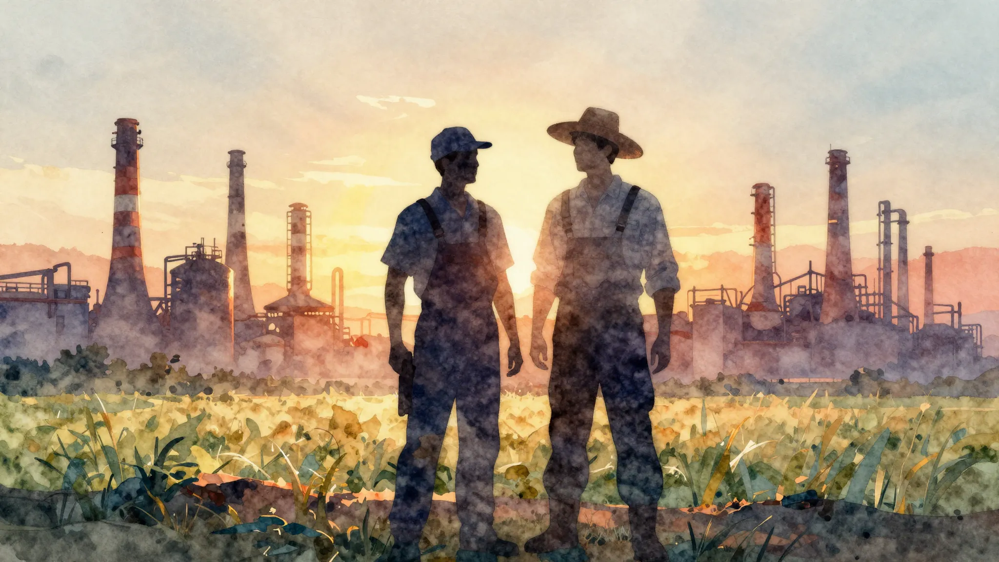 Watercolor style. Silhouettes of a factory worker and a farm...