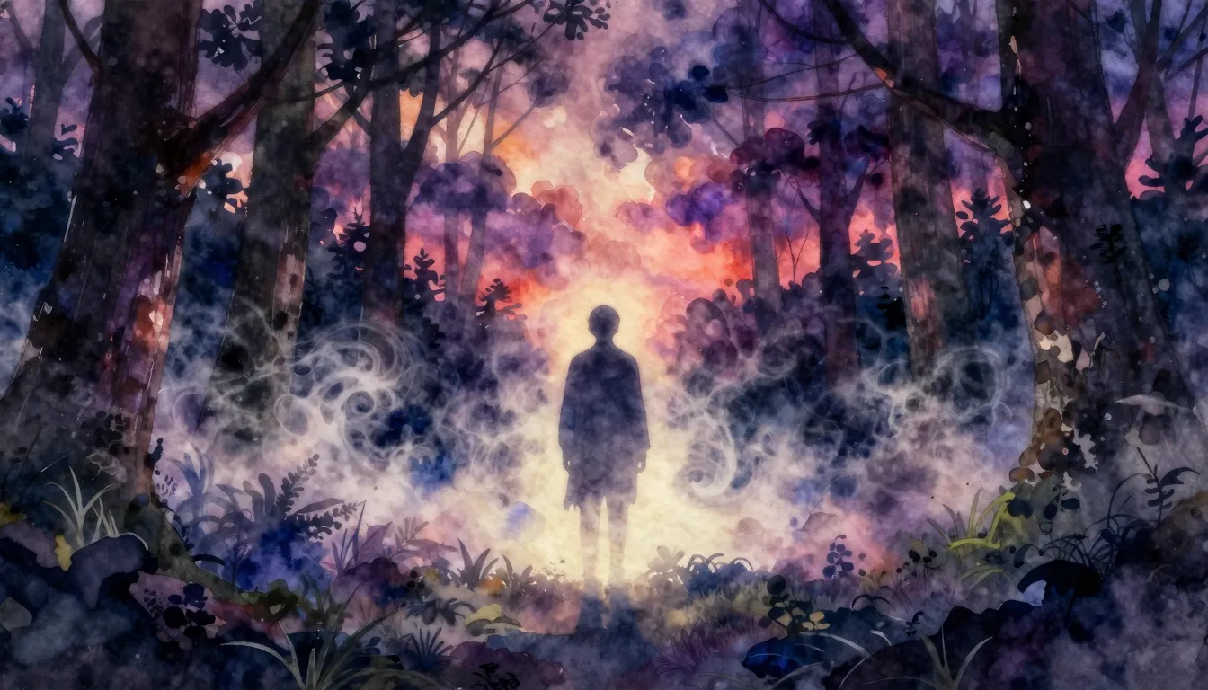 Vibrant watercolor style. A dark, ethereal forest at twiligh...