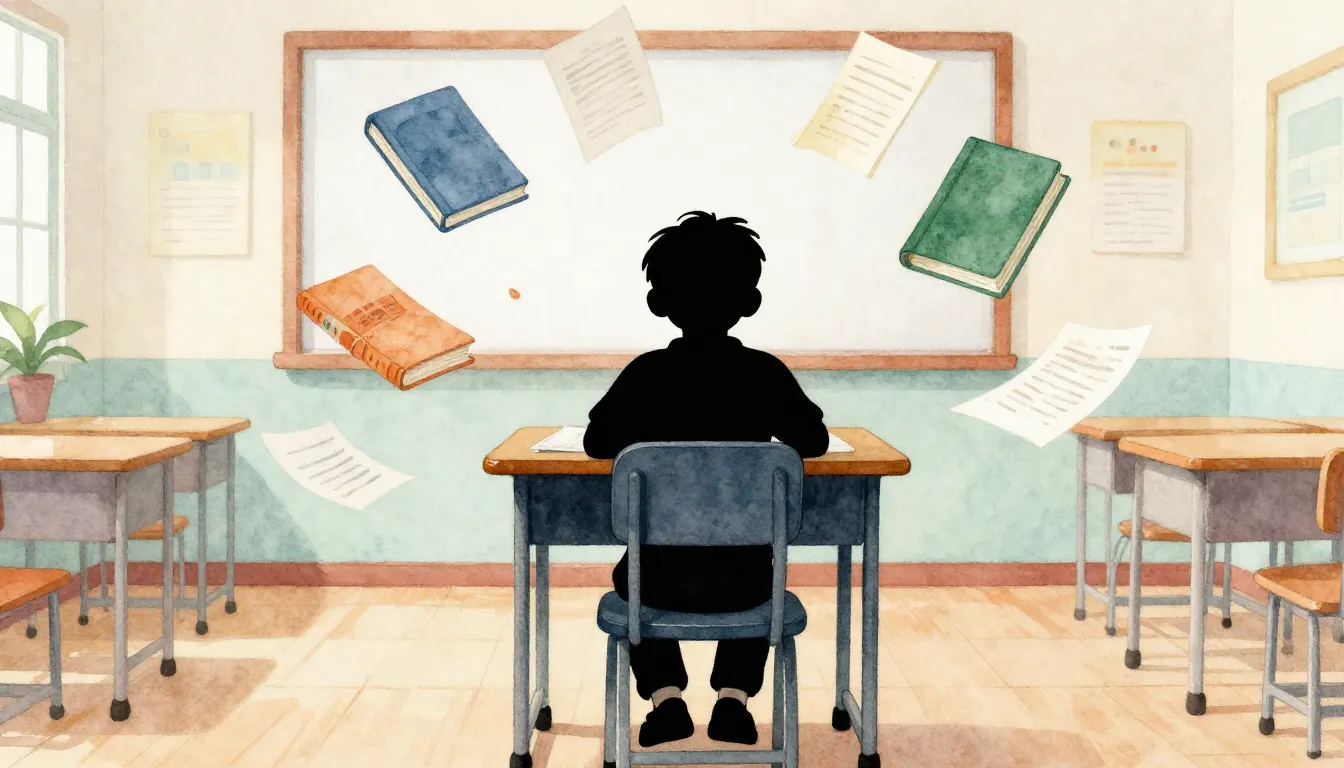 Watercolor style. A silhouette of a child sitting at a schoo...