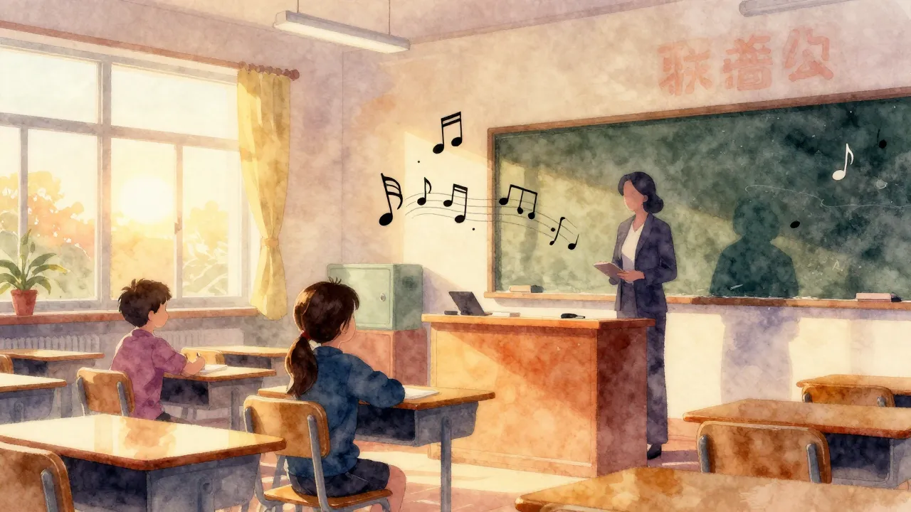 Vibrant watercolor style. Jazz album cover art, a cozy schoo...