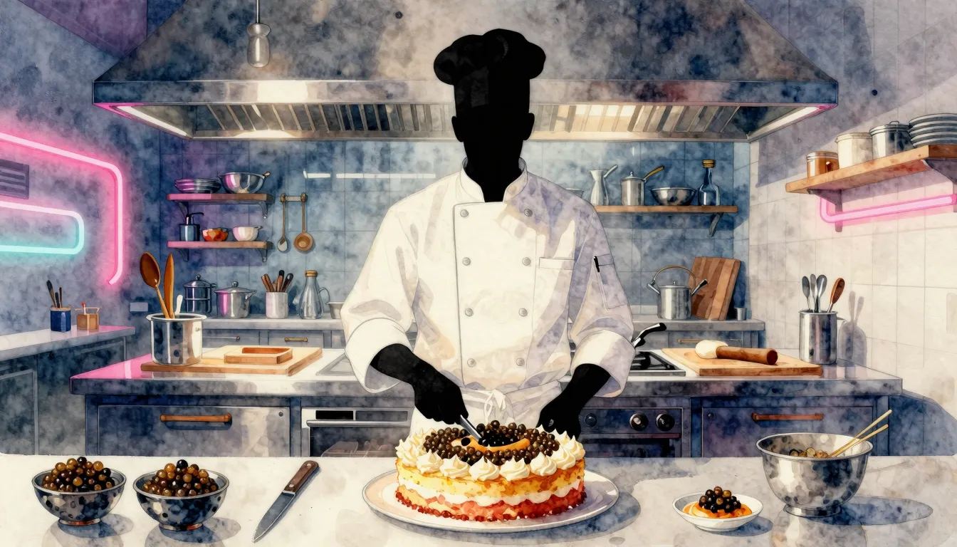 Watercolor style. Silhouette of a chef in a modern kitchen w...