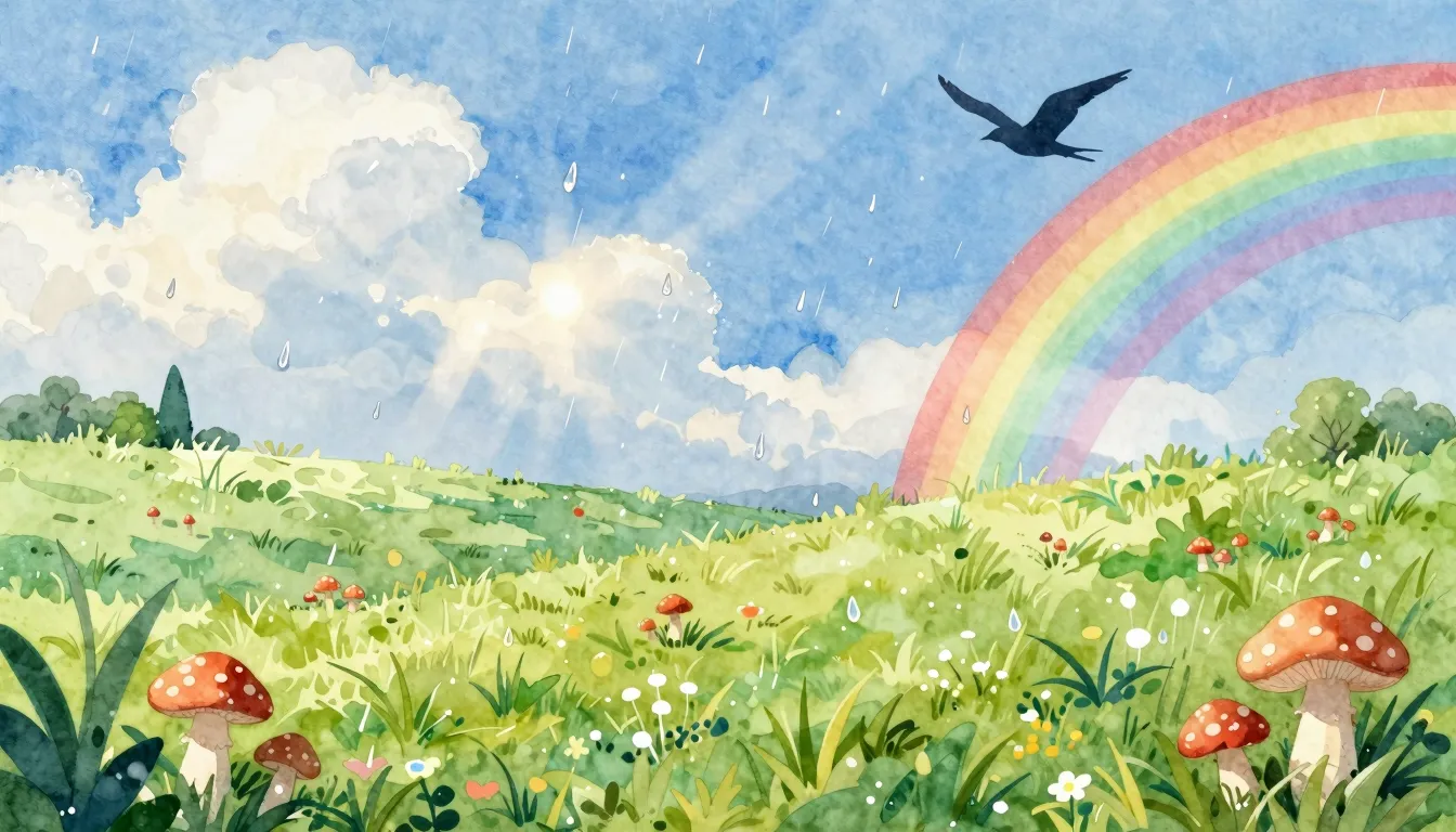Watercolor style. A bright summer day with a gentle rain fal...