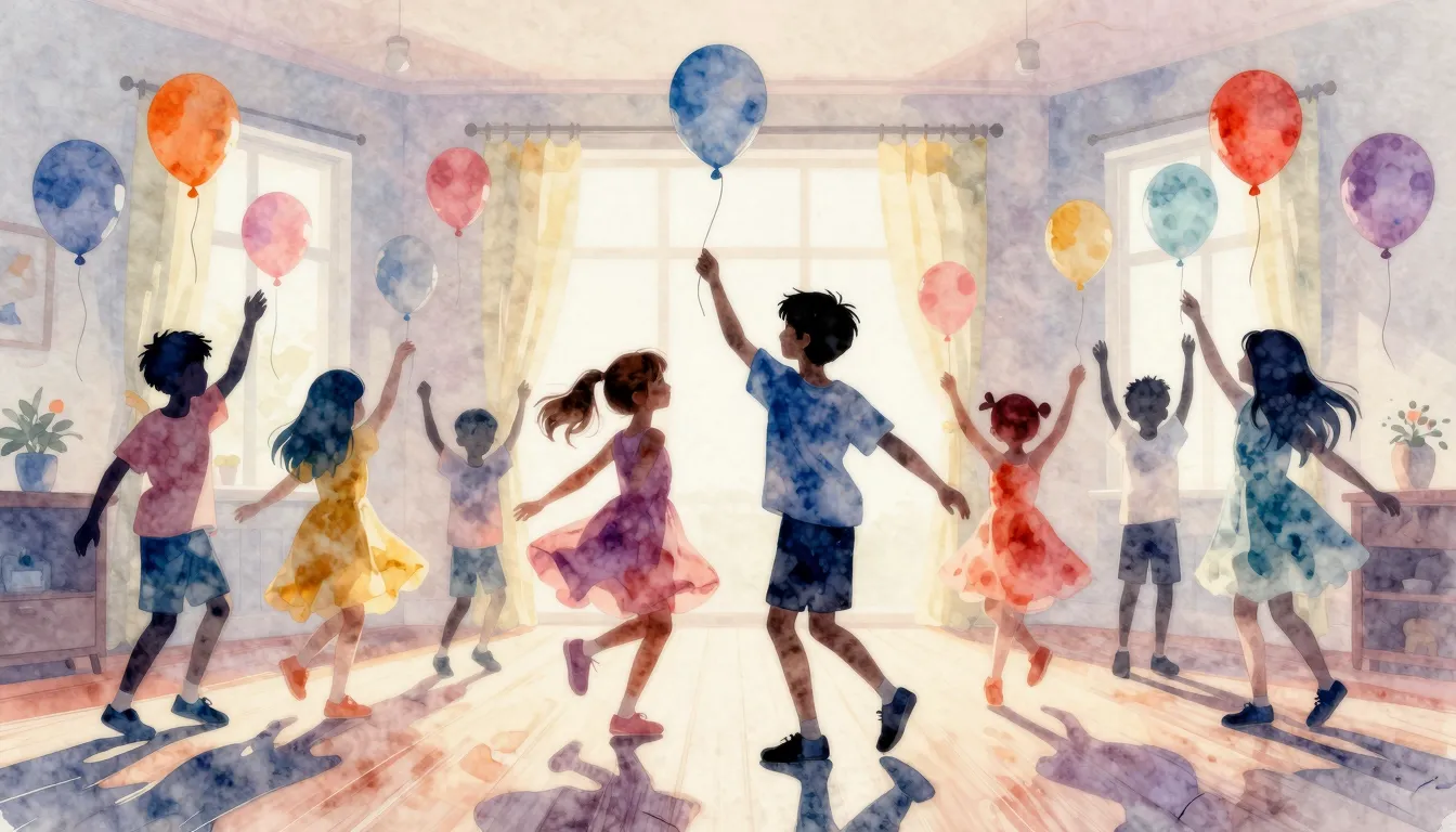 Watercolor style. Silhouettes of children dancing in a brigh...