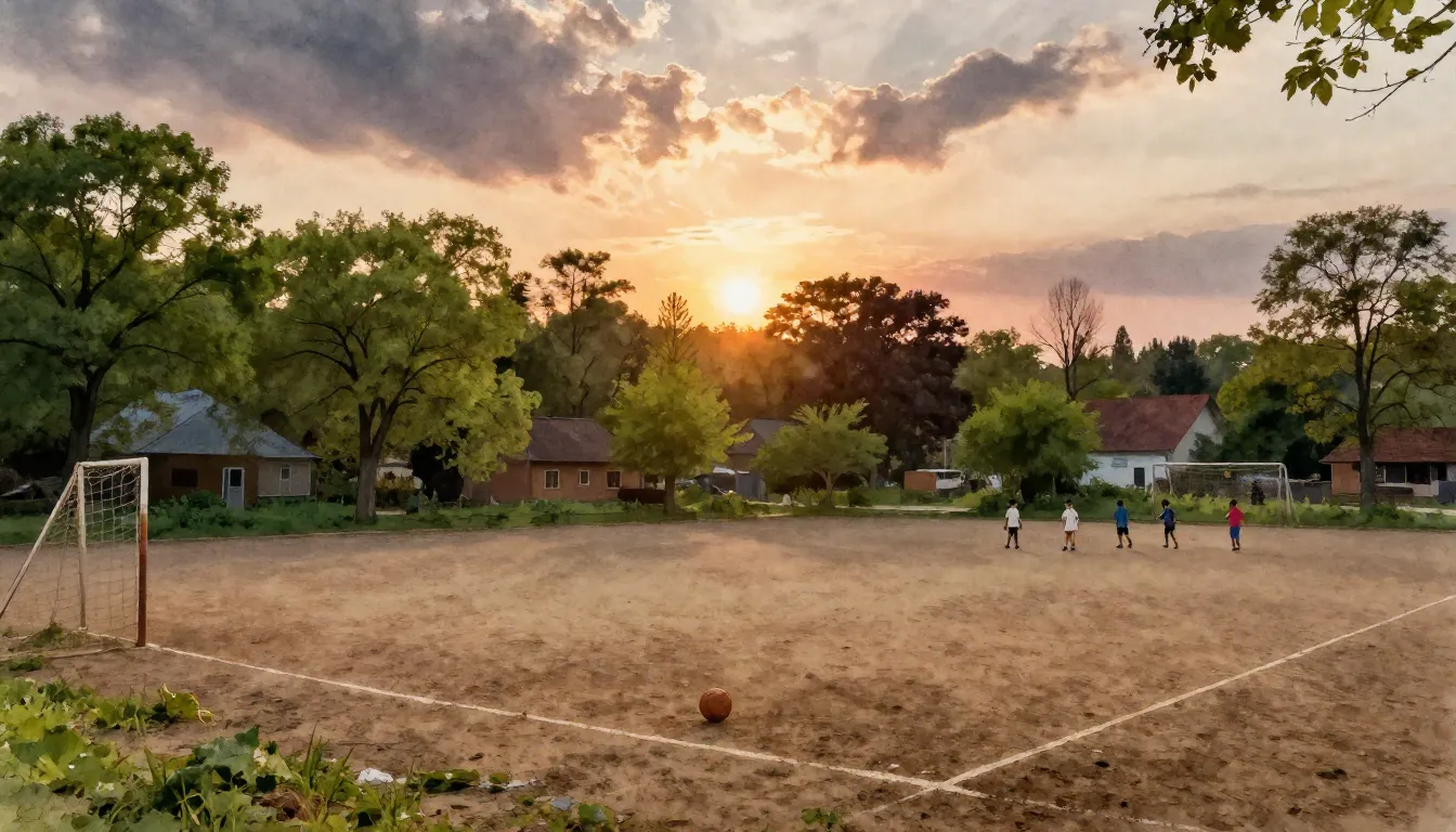 Watercolor style. A nostalgic empty dirt football field in a...