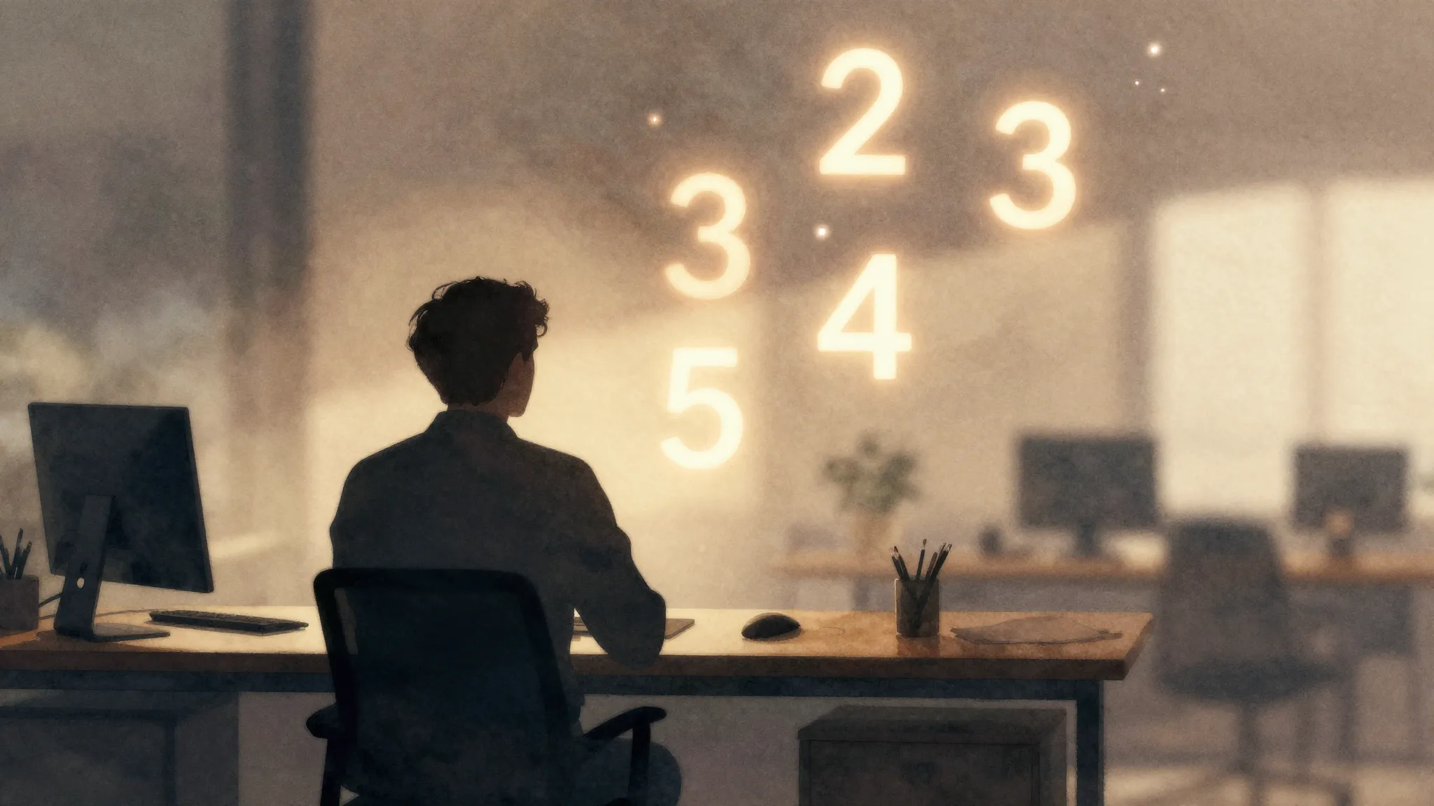 Watercolor style. Silhouette of a person sitting at a desk, ...