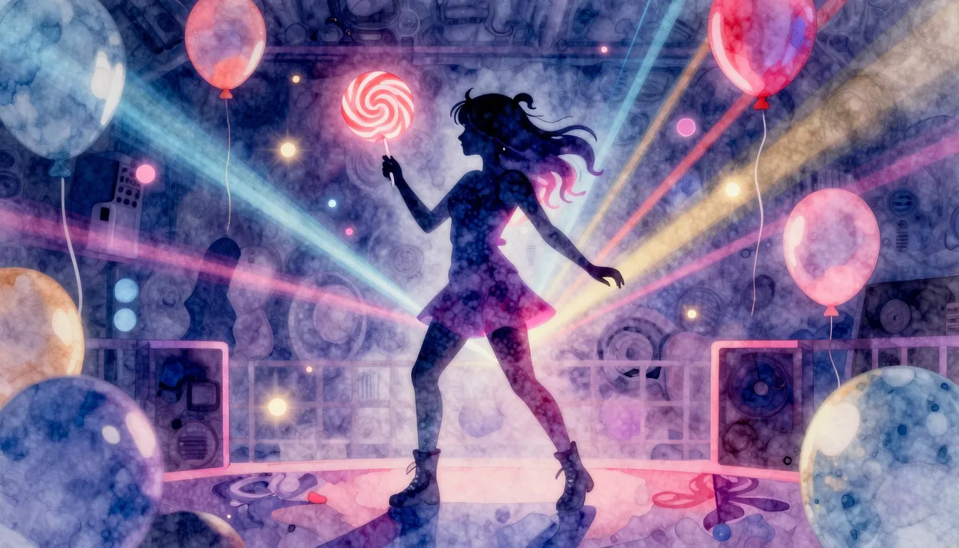 Watercolor style. Neon silhouette of a girl holding a lollip...