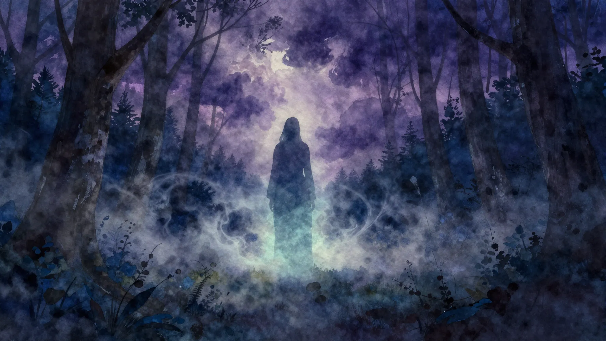 Vibrant watercolor style. A dark, ethereal forest at twiligh...