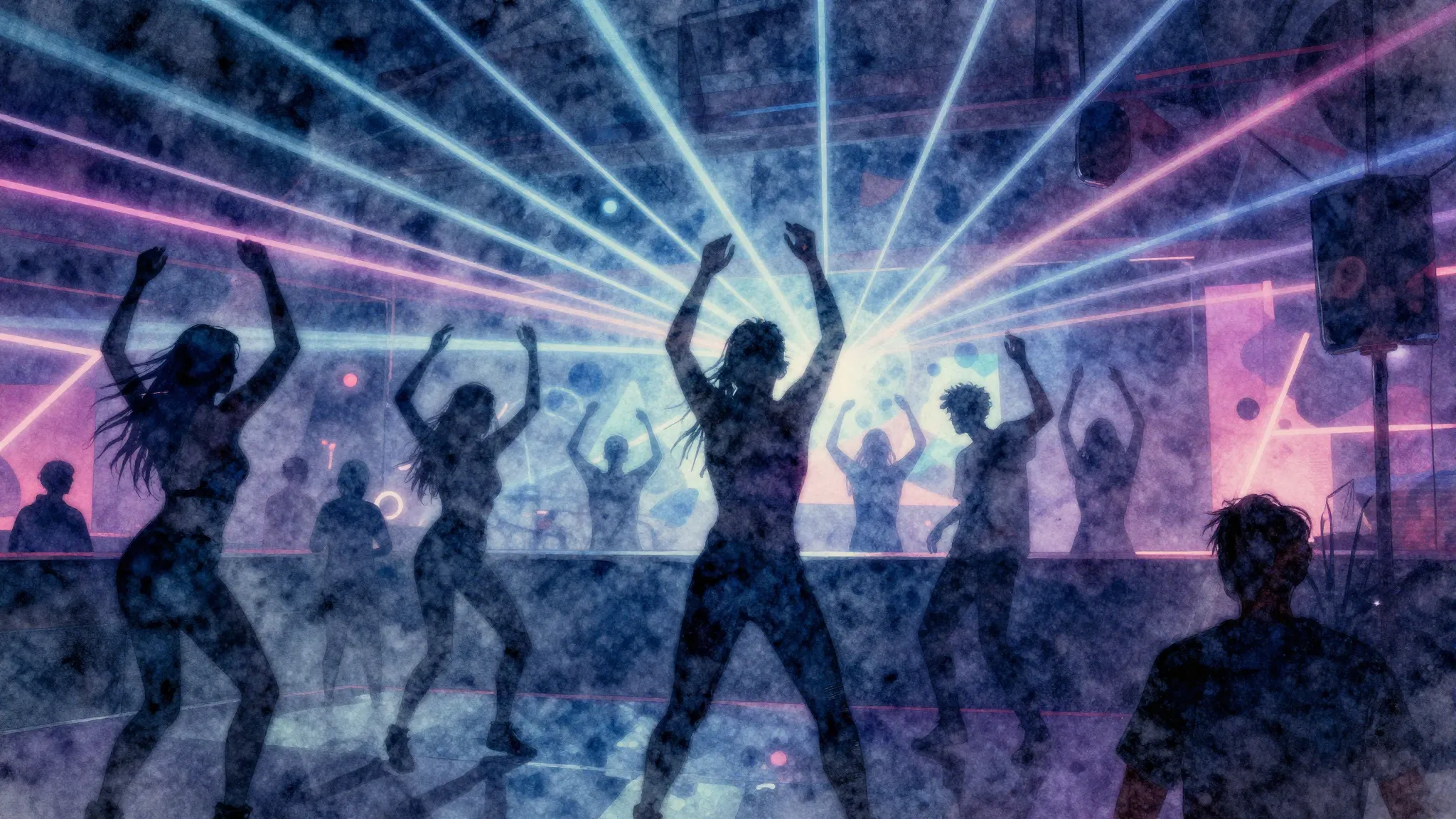 Watercolor style. Neon glowing silhouettes dancing in a dark...