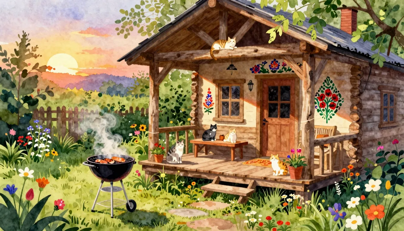 Vibrant watercolor style. A cozy rustic dacha garden at suns...