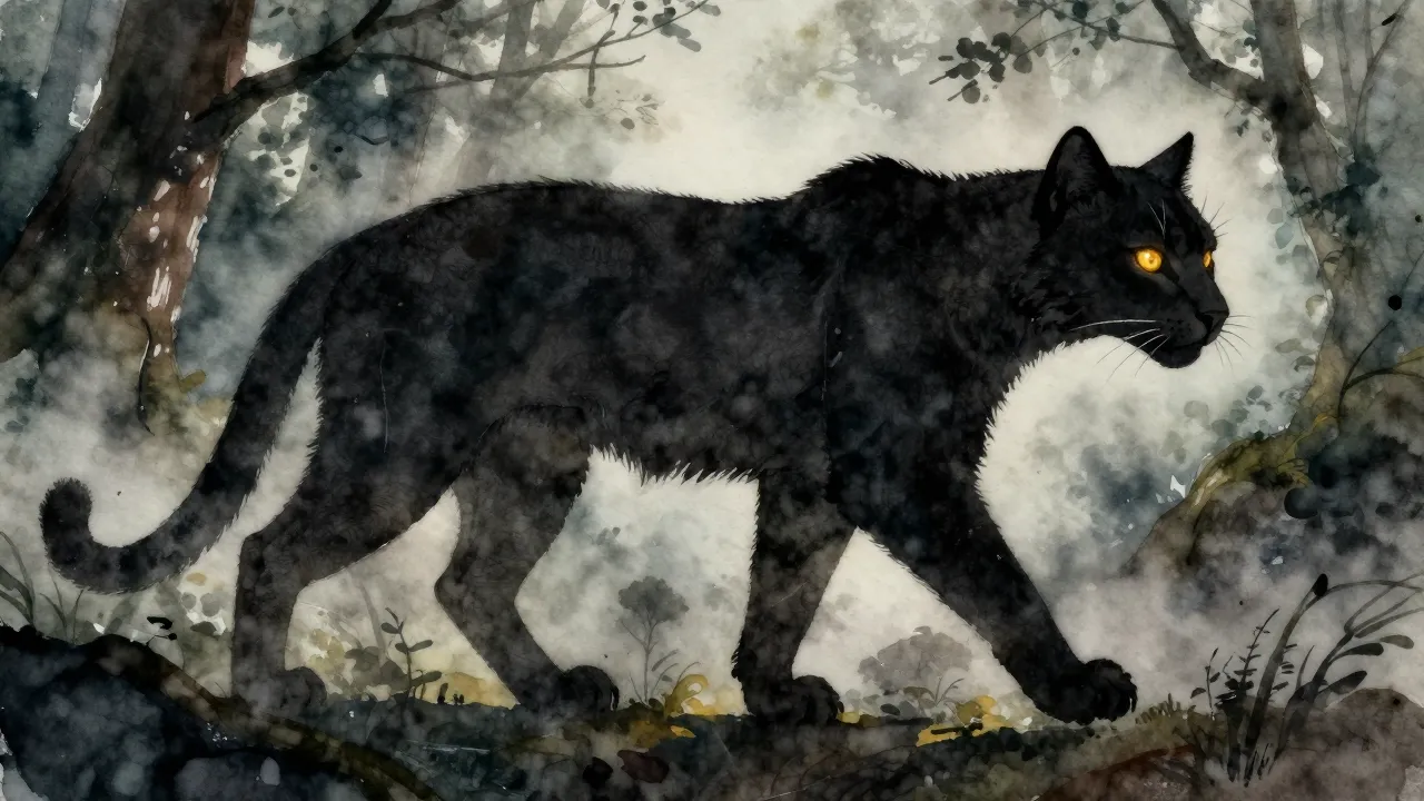 Watercolor style. Silhouette of a wild feline creature walki...